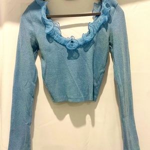 Baby Blue Tool Wide Shoulder Ruffle Crop